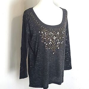 Miss Me Dark Gray/Black Top Lace Sleeves, Beads & More Accents, Size Medium
